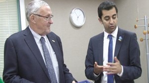 • Vice-President Guy Scott (left) chats with Scottish Minister for External Affairs and International Development Humza Yousaf after a closed-door meeting in Glasgow.