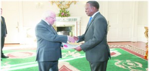 •Zambia’s Ambassador Extraordinary and Plenipotentiary to Ireland, Paul Lumbi (right) presents the letter of Credence to Irish President Michael Higgins at the Aras Uachtarain (Presidential Palace) on January 16, 2014. Pictures courtesy of Zambia’s High Commission to the United Kingdom (UK).