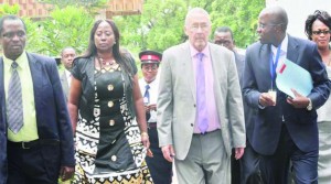 .VICE-PRESIDENT Guy Scott (third from left), Local Government and Housing Minister Emerine Kabanshi (second from left), Zambian High Commissioner to Kenya Mumbi Phiri (far right) and Dr Scott’s senior private secretary Robert Kamalata (second from right) at Mulungushi International Conference Centre in Lusaka yesterday. Picture by MOSES SAKAPI