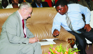 • VICE-PRESIDENT Guy Scott (left) discusses with Central Province Minister Obvious Mwaliteta in Itezhi-Tezhi yesterday. Picture By STEPHEN KAPAMBWE.