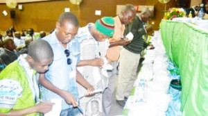 • Delegates cast their votes during the Copperbelt Patriotic Front (PF) elections held on Saturday evening at Ndola’s Hindu Hall. Picture by JAMES KUNDA
