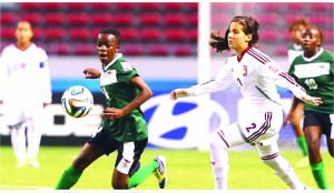 •ZAMBIA’S Ireen Lungu (left) and Veronica Herrera of Venezuela vie for the ball during the FIFA U-17 Women’s World cup 2014 group A match between Zambia and Venezuela at Estadio Nacional on Tuesday in San Jose, Costa Rica. (PHOTO BY FIFA VIA GETTY IMAGES)