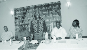 •Zambia’s High Commissioner to Ghana Timothy Walamba (middle) addresses Zambia and Ghana tour operators at Chrismar Hotel in Livingstone. On his immediate right is Ghana Tourism Development Company Chief Executive Officer Samuel Atta Mills and Tour Operators Union of Ghana President Nancy Sam. On his immediate left is Livingstone Tourism Association (LTA) chairperson Alex Mutali and Zambia Tourism Board (ZTB) managing director Felix Chaila. Picture by BRIAN HATYOKA