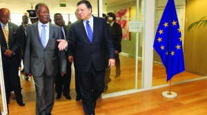 •PRESIDENT Michael Sata with Jose Manuel Barroso, President of the European Commission before the meeting held at Berlaymont Building in Brussels yesterday. Pictures By EDDIE MWANALEZA/STATE HOUSE.