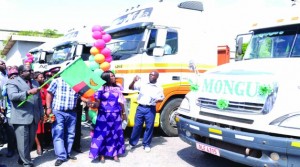 AGRICULTURE and Livestock Minister Wylbur Simuusa flags off the Farmer Input Support Programme (FISP) fertiliser distribution for the 2014/2015 farming season at the Nitrogen Chemicals of Zambia (NCZ) in Kafue yesterday. Picture by CLEVER ZULU 