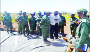 • ZAMBIA Prisons Service Commissioner Percy Chato (left) with Botswana Prisons Service Commissioner Silas Motlalekgosi (centre) briefing the Press after a tour of Chondwe Prisons Farm water reservoir centre in Masaiti yesterday. Picture by MUNAMBEZA MUWANEI