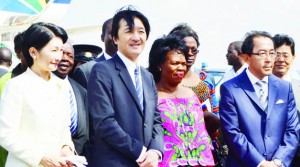 • HIS Imperial Highness Prince Akishino of Japan (second from left) with his wife Princess Akishino (left) welcomed by Chiefs and Traditional Affairs Minister Professor Nkandu Luo and Japanese Ambassador  to Zambia Kiyoshi Koinuma when the couple arrived at Kenneth Kaunda International Airport yesterday - Picture by Grace Chaile