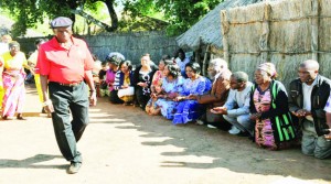 •ZAMBIAN Ambassadors and High Commissioners accredited to other countries pay homage to Senior Chief Mukuni (l) of the Toka Leya people in Livingstone where they were attending a heads of mission conference. Picture by MOSES SAKAPI