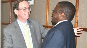 • Foreign Affairs Deputy Minister Gabriel Namulambe (right) talks to American Embassy Chargé d’Affaires David Young after a closed-door meeting at the ministry of Foreign Affairs in Lusaka recently. Picture by STEPHEN KAPAMBWE. 