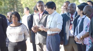 •From far left: Chiefs and Traditional Affairs Minister Nkandu Luo (left), National Heritage Conservation Commission Victoria Falls site manager John Zulu, Japanese Imperial Highnesses Prince Akishino, Livingstone Mayor Milford Maambo and Princess Kiko Akishino at the historical Baobab Tree (not in picture) in Livingstone yesterday. Picture by BRIAN HATYOKA