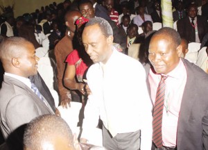 • NEWLY elected Local Government Association of Zambia president Mulenga Sata (centre) being congratulated by supporters after his victory at Solwezi’s Kansashi Hotel yesterday.Picture by HUMPHREY MULENGA