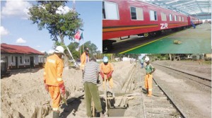 • Zambia Railways personnel working on the railway line in Mulobezi. (Inset) Some of the coaches that the railway  company has introduced.