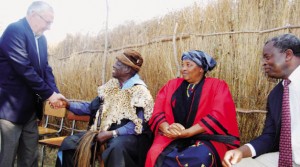 •VICE- PRESIDENT Guy Scott greets senior Chief Monze as Chieftainess Choongo (middle) and Chief Chikanta look on, shortly after he arrived for Lwiindi Gonde traditional ceremony in Monze yesterday. Picture by CHILA NAMAIKO