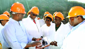 • African Development Bank president Donald Kaberuka (left) talks to Zimbabwean Finance and Economic Development Minister Patrick Chinamasa (second from left) as Mines, Energy and Water Development Minister Christopher Yaluma (right), Zimbabwean Energy and Power Development Minister Dzikamai Mavhaire (second from right) and Mines, Energy and Water Development Permanent Secretary Charity Mwansa look on during a visit to the Kariba Dam complex recently.