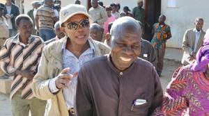 Patriotic Front elections chairperson Sylvia Masebo and Mangango PF candidate Lyambai Lingweshi share a light moment in Mangango.