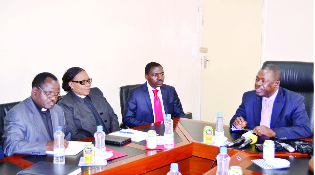 • FROM right to left Justice Minister Wynter Kabimba, Solicitor General Abraham Mwansa, OASIS Forum chairperson Rev Susan Matale and Evangelical Fellowship of Zambia executive director Pukuta Mwanza during a meeting at Justice Ministry headquarters in Lusaka yesterday. Picture by CLEVER ZULU (see story on page 1)