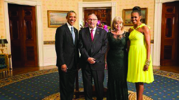 • UNITED States of America (USA) President Barack Obama (left) and First Lady Michelle (far right) with Vice-President Guy Scott and his wife Charlotte, in the Blue Room during a US -Africa Leaders Summit dinner at the White House on Tuesday. Picture courtesy of the White House.