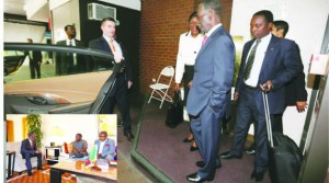 • President Sata leaves the hotel in New York. (inset) the President chats with Foreign Affairs Minister Harry Kalaba (centre) and Lands, Environment Protection Minister Mwansa Kapeya in his hotel room.