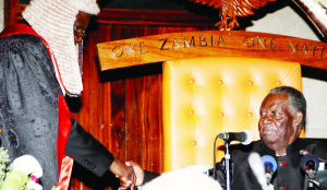 •SPEAKER of the National Assembly Patrick Matibini (left) shakes hand with Mr Sata during opening of the fourth session of the 11th National Assembly yesterday. Picture by THOMAS NSAMA