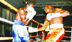 • ZIMBABWEAN boxer Charles Manyuchi (right) unleashes a punch onto Colombian boxer Devis Casseres during the WBC welterweight international title fight held at Government complex in Lusaka on Saturday night. Picture by CLEVER ZULU
