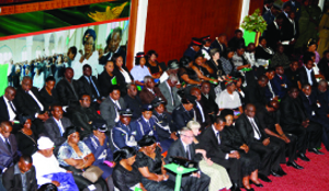 •Acting President Guy Scott, First Lady Christine Kaseba with senior Government officials at Mulungushi International Conference centre.