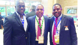 • BACK ‘HOME’... FOOTBALL Association of Zambia president, Kalusha Bwalya (centre) with general secretary, George Kasengele (right) and Chipolopolo coach, Honour Janza at Sipopo International Conference Centre in Malabo, Equatorial Guinea on Wednesday before the 2015 Africa Cup of Nations final draw. Picture by FAZ