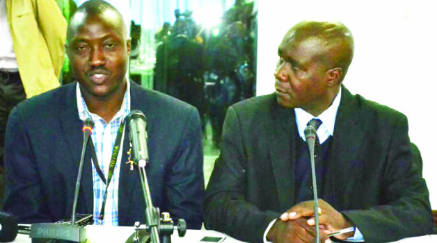 • RETURNING officers, who presided over the two Patriotic Front general conferences in Kabwe, Tutwa Ngulube (left) and Germano Kaulungombe at a media briefing in Lusaka yesterday. Picture by CHUSA SICHONE