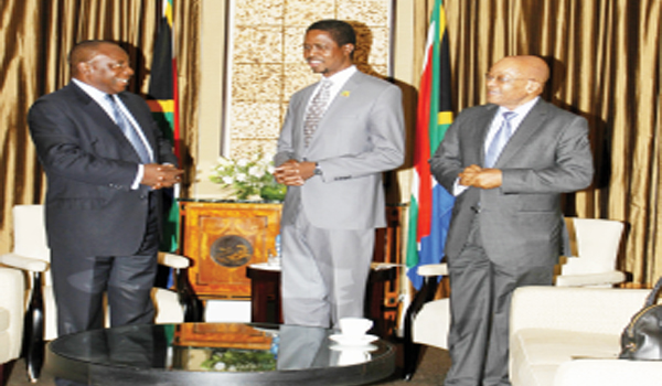 • President Edgar Lungu (centre) with South African President Jacob Zuma (right) and Deputy President Cyril Ramaphosa at Parliament building in Cape Town, South Africa yesterday. Picture by SALIM HENRY.