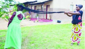 •Lister Phiri  (left) with her neighbour showing off the length of her hair. Picture by CHUSA SICHONE.