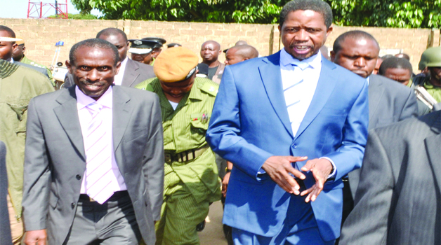 • PRESIDENT Edgar Lungu (right), with PF parliamentary candidate for Chawama Constituency, Lawrence Sichalwe before he filed in his nominations at Chawama Primary School in Lusaka yesterday. Picture by CLEVER ZULU