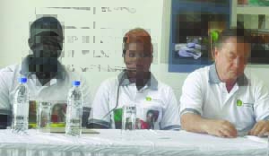 • BOXER Esther Phiri (centre), her trainer Anthony Mwamba (left) and Superior Milling managing director Peter Cottan during a press briefing in Lusaka yesterday. Picture by GWEN CHIPASULA