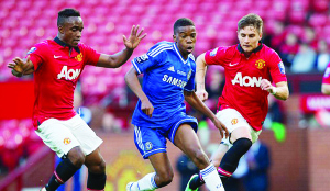 •CATCH ME IF YOU CAN: Young Chelsea star Charly Musonda runs at the heart of the Man United defence on his way to scoring during the Under 21 Premier League final last week. Picture courtesy DAILYMAIL-UK