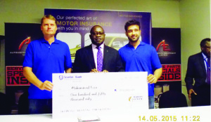•MADISON General Insurance Company Zambia Limited managing director, Chabala Lumbwe (centre) presents a cheque for K150,000 to rally ace Mohammed Essa (right) as the firm’s sponsorship package to enable him participate in this year’s motor rallies. On the left is Essa’s navigator, Gareth Dawe. Lumbwe also presented the Zambia Motor Sports Association with a K150,000 Third Party Insurance Cover for 2015 International Motor Rally which takes place in Lusaka this weekend.