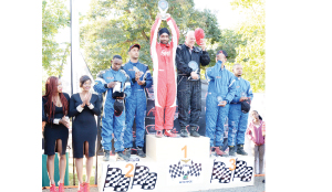 •KENYAN driver, Jasepreet Chatte and his navigator Craig Thorley display their trophies at Hotel Inter-Continental in Lusaka after winning the Automotive Equipment 2015 Zambia International Motor Rally Championship yesterday. Picture by CLEVER ZULU