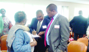•COMMERCE, Trade and Industry Deputy Minister, Miles Sampa (right) chats with ministry senior economist in industry department, Amos Mumba and Zambia National Farmers Union deputy executive director, Ellah Chembe during the official opening of the African, Caribbean and Pacific (ACP) Council of ministers meeting in Brussels yesterday. Picture by JAMES MUYANWA