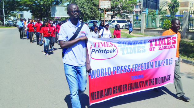 • JOURNALISTS marching to commemorate the World Press Freedom Day in Kitwe yesterday. Picture by MOFFAT CHAZINGWA