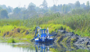 •THE dredger bought at a cost of K7.6 million to remove the weed on Kafubu River in Ndola is not performing its functions. (Inset) portions of the river which are choked by the weed. Pictures by JAMES KUNDA