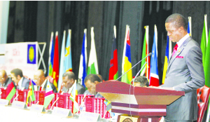 •President Edgar Lungu delivers his maiden speech at the 35th Ordinary Summit of the Heads of State and Government in Gaborone, Botswana on Monday. Picture By SALIM HENRY/STATE HOUSE