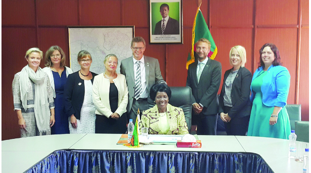 •ACTING President Inonge Wina yesterday met a high-level delegation of MPs from Parliament of Sweden. She is captured here with Swedish MPs Ulrika Karlsson, Maria Andersson Willner, Annika Lillemets, Ola Johansson, Karin Ragsjo and Christina Ornebjar. Picture courtesy of the Zambian Embassy in Sweden