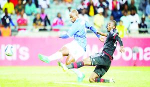 • ZAMBIA striker Collins Mbesuma celebrates after scoring the winner against Kenya in the 2017 Africa Cup of Nations qualifier at Nyayo National Stadium in Nairobi yesterday. Picture by FAZ