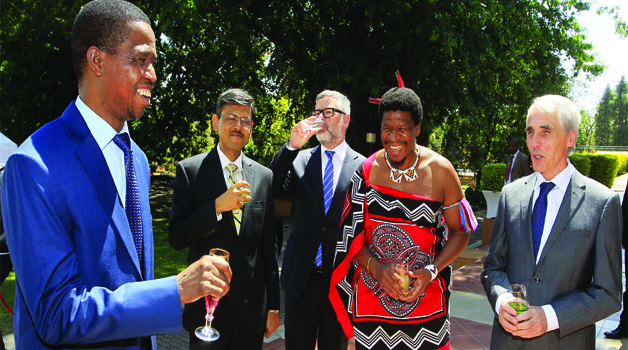 • PRESIDENT Edgar Lungu (left) shares a light moment with Ambassadors and High Commissioners after they presented credentials at State House in Lusaka yesterday. Picture By SALIM HENRY/STATE HOUSE
