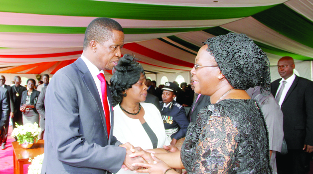 • PRESIDENT Edgar Lungu with First Lady Esther, greeting former First Lady Christine Kaseba during the memorial of the late President Michael Sata at Embassy Park in Lusaka yesterday. Picture by THOMAS NSAMA/STATE HOUSE
