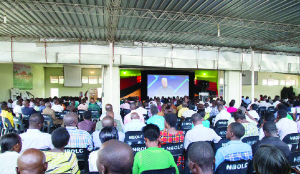 •Videocast in progress as participants watch at Ndola‘s Bread of Life Church recently, during the Global Leadership Summit.
