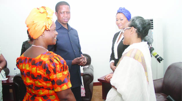 •PRESIDENT Edgar Lungu with First Lady Esther, South Africa’s First Lady Tobeka Zuma and Ethiopia’s First Lady Roman Tesfay during the opening of the First African Girl Summit on Ending Child Marriage in Africa held at the Government Complex in Lusaka yesterday. Picture by THOMAS NSAMA/STATE HOUSE