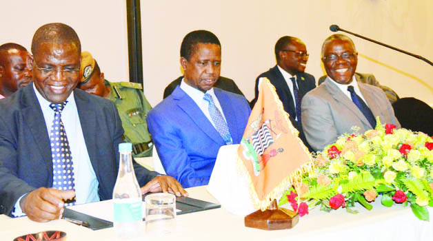 •PRESIDENT Edgar Lungu (middle), Southern Province Minister Nathaniel Mubukwanu (right) and LAZ president George Chisanga (left) during the official opening for the International Bar Association (IBA) African Regional Forum at AVANI Victoria Falls in Livingstone yesterday. Picture by BRIAN HATYOKA