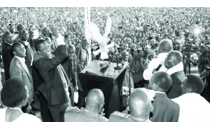•PRESIDENT Lungu releases a white dove on October 18 during the National Day of Prayer at the Lusaka showgrounds. First Republican President Kenneth Kaunda was present at the event. Picture by EDDIE MWANALEZA/STATE HOUSE
