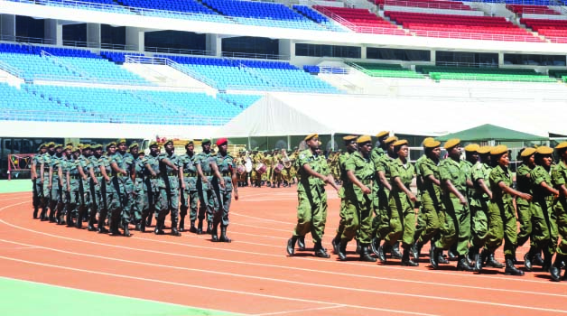 ARMY personnel rehearsing ahead of today’s Constitution signing ceremony at the National Heroes Stadium in Lusaka. Picture by JAMES KUNDA