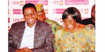 • PRESIDENT Lungu shares a light moment with Indo-Zambia Bank board chairperson Orlean Moyo during the opening of Lundazi branch. Picture courtesy of INDO-ZAMBIA BANK