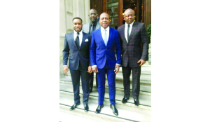 • FOOTBALL Association of Zambia president Kalusha Bwalya (second right) with Abedi ‘Pele’ Ayew (right), Austin ‘Jay-Jay’ Okocha (left) and George Weah (behind) after being ushered into the Africa10 football Hall of Fame at a plush ceremony held in London on Saturday night.