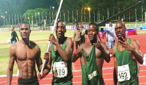 •L-R: Sprinters Sydney Siame, Hazemba Chindamba (with flag), Brian Kasinda and Titus Kafunda after winning bronze in the 4x100m relay at the CAA Senior Championship in South Africa. Picture courtesy of Gerald Phiri’s Instagram